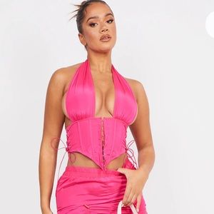 Pretty little thing hot pink shell plunge hook and eye crop top